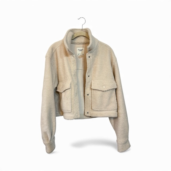 Abercrombie & Fitch Women’s SM Sherpa Fleece Crop Jacket Cream Vegan Suede Y2K - Picture 7 of 9